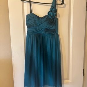 Teal One-Shoulder Cocktail Dress with Floral Strap